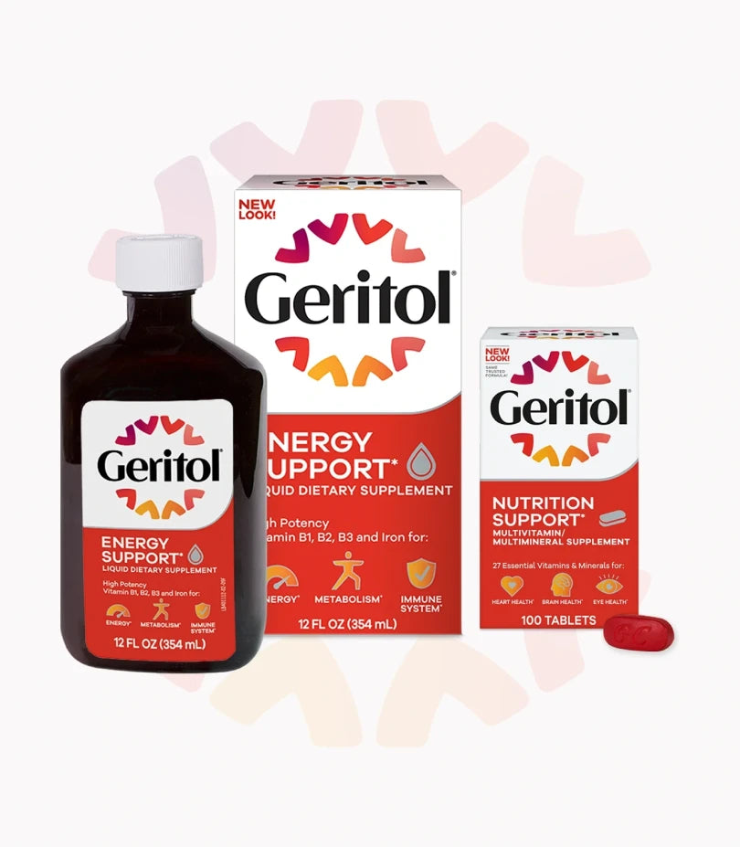 A lineup of Geritol dietary supplements, including a bottle of liquid energy support, its box, a box of multivitamin tablets, and a single red tablet